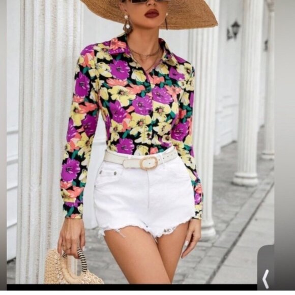 VCAY Full Floral Printed Long Sleeve Women'S Shirt size S new without tag - Picture 3 of 9